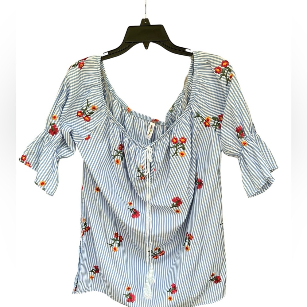 Beach Stop Embroidered Peasant Blouse Blue White Striped G/XL - Preloved